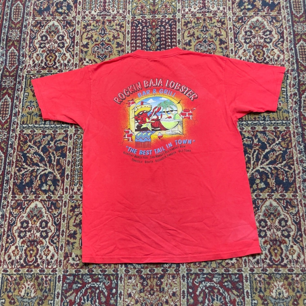 VTG 90s‎ Rockin Baja Lobster Bar Grill T-Shirt Red Best Tail In Town Funny L USA